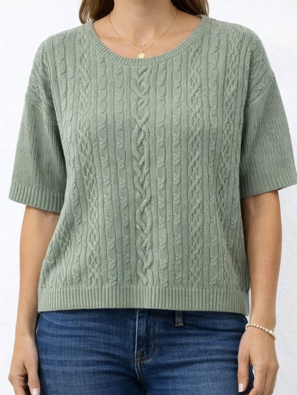 Lands' End Cable Knit Short Sleeve Neutral Sage Green Soft Sweater [size PXL]